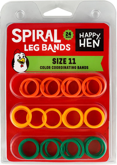 Packaged Happy Hen Spiral Leg Bands, size 11, assorted color coordinating bands in orange, yellow, and green.