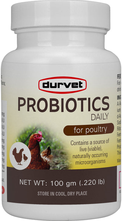 Front view of a white Durvet Probiotics Daily for poultry container with 100 gm net weight.