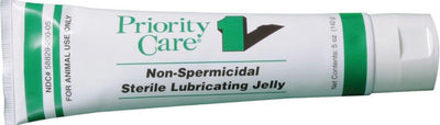 A white and green tube of Priority Care Non-Spermicidal Sterile Lubricating Jelly, 5 oz, front view, packaged product