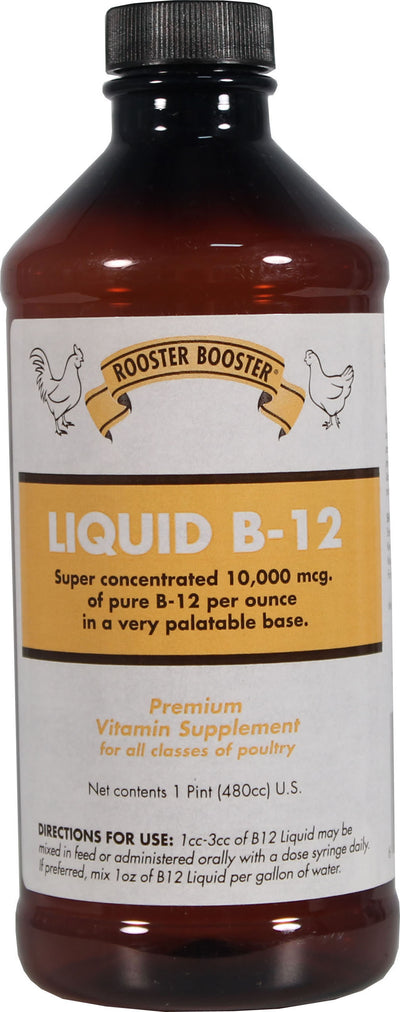 Front view of a brown bottle with a black cap labeled Rooster Booster Liquid B-12, 1 pint size.