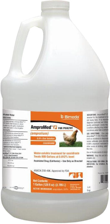 A white 1-gallon jug of Bimeda Ampromed P for poultry with an orange label showing a chicken.