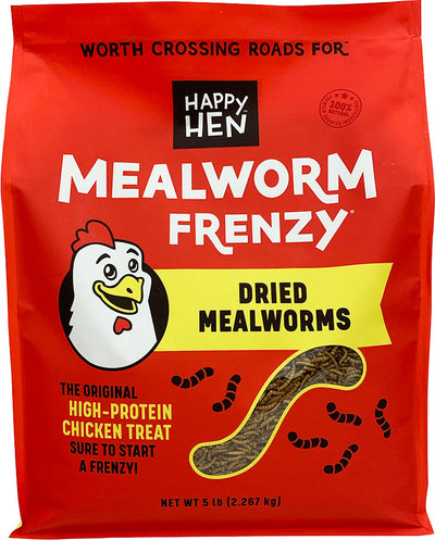 Red packaged product showing Happy Hen Mealworm Frenzy dried mealworms, 5 lb size, front view