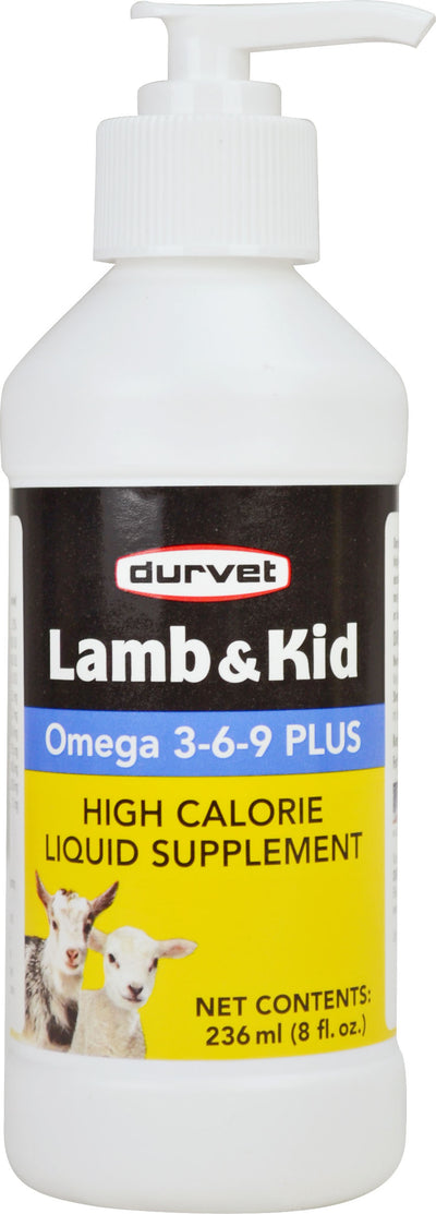 Front view of a white Durvet Lamb & Kid Omega 3-6-9 Plus liquid supplement bottle with pump top, 8 fl. oz.
