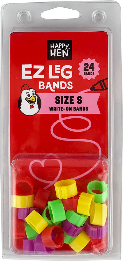 Packaged Happy Hen Ez Leg Bands Size S write-on bands in assorted colors.