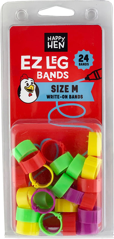 Packaged Happy Hen Ez Leg Bands, size M, assorted colors in a clear plastic blister pack.