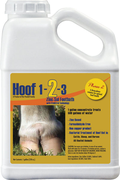 A white plastic jug with a yellow label showing 'Hoof 1-2-3 Zinc-Sol Footbath' and a close-up of a hoof.