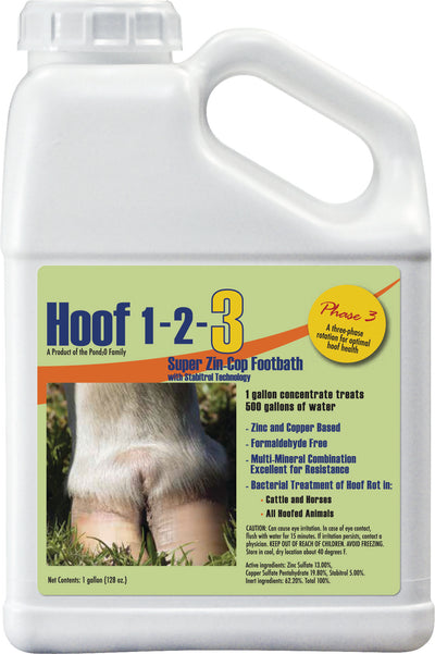 A white plastic jug with a green label showing 'Hoof 1-2-3 Super Zin-Cop Footbath' and a horse hoof image.