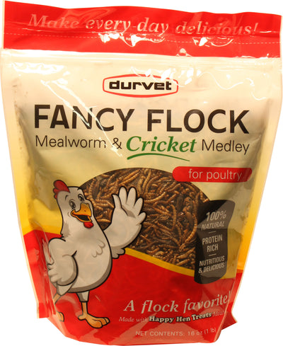 Front view of Durvet Fancy Flock Mealworm & Cricket Medley 16 oz package with red, yellow, and white colors.