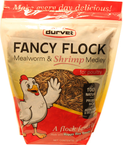 Front view of Durvet Fancy Flock Mealworm & Shrimp Medley 20 oz package with red and yellow design