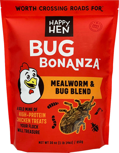 Red packaged product front view of Happy Hen Bug Bonanza mealworm and bug blend chicken treats, 30 oz.