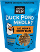 Front view of a blue packaged product labeled 'Happy Hen Duck Pond Medley Oat, Worm & Shrimp Blend' with net weight 2 lb.