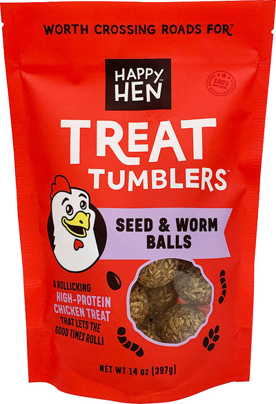 Red packaged product showing Happy Hen Treat Tumblers Seed & Worm Balls, 14 oz, front view