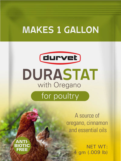 Front view of Durvet Durastat with Oregano for poultry package, 4 gm net weight, green and yellow packaging