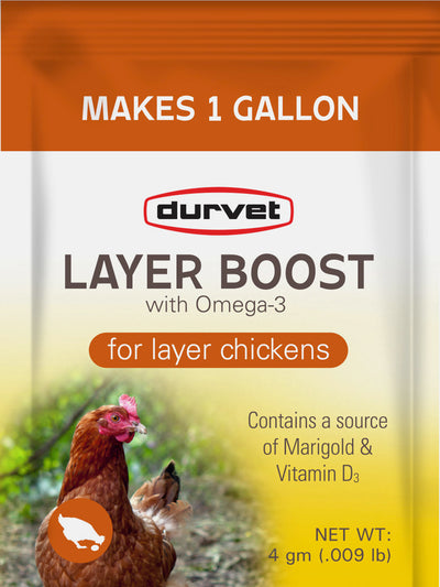 Front view of Durvet Layer Boost for layer chickens package, orange and white with chicken image.
