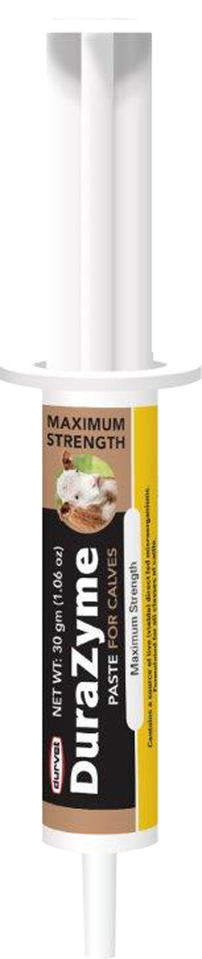 Front view of Durvet Durazyme Paste for Calves, 30 gm (1.06 oz) in a white tube with brown and yellow label.