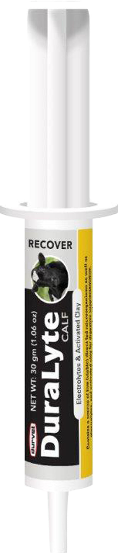 Front view of a packaged Durvet Duralyte Calf product with a white tube and yellow label.