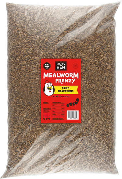 A clear front view of a packaged product labeled 'Happy Hen Mealworm Frenzy Dried Mealworms' with 11 lbs of brown mealworms visible through the plastic bag.