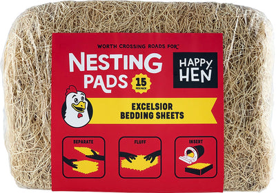 Packaged product: Happy Hen Excelsior Nesting Pads, brown, 15 per pack, front view.