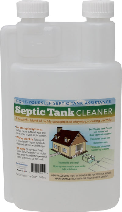 A white plastic bottle with two caps labeled 'Septic Tank Cleaner' showing front view of packaged product