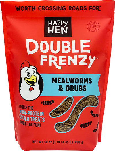 Front view of a red packaged product labeled Happy Hen Double Frenzy Mealworms & Grubs, 30 oz.