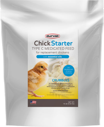 Front view of a Durvet Chick Starter Type C Medicated Feed package with 10 LB size label.