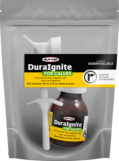 Packaged product: Durvet DuraIgnite for calves oral drench in a 60 mL bottle with doser