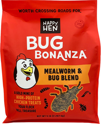 Red packaged product front view of Happy Hen Bug Bonanza mealworm & bug blend chicken treats, 5 lb.
