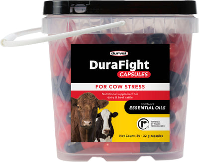 Packaged product: Durvet DuraFight Capsules for cow stress, 50-count container with red and blue capsules visible through clear plastic.