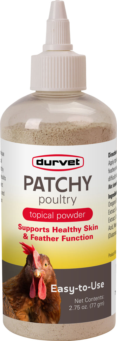 Front view of Durvet Patchy poultry topical powder bottle with 2.75 oz net contents.