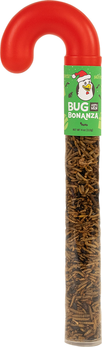 Packaged Happy Hen Bug Bonanza candy cane-shaped container with red top and green label showing live mealworms inside.