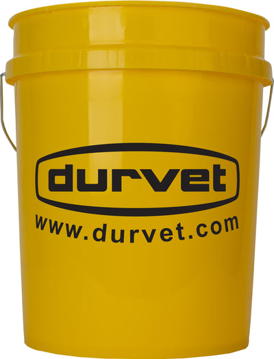 Yellow Durvet bucket with black logo and website URL on front view