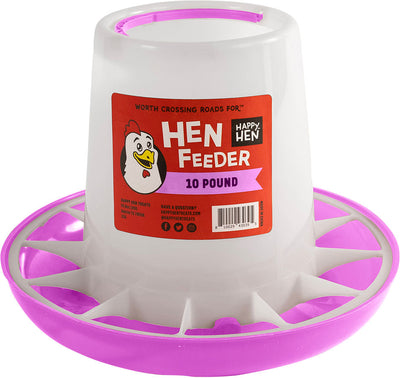 A packaged Happy Hen Feeder, 10 pound, pink and white plastic, front view.