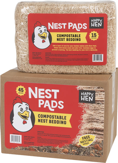 Packaged Happy Hen Nest Pads with 45 per pack, compostable nest bedding in brown cardboard box.