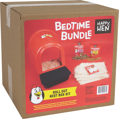 Packaged Happy Hen Bedtime Bundle Kit showing a red roll-out nest box, nesting pads, and mealworms on a cardboard box.