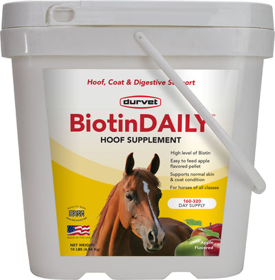Front view of a white Durvet Biotin Daily Hoof Supplement container with apple flavor and 10 lb net weight.