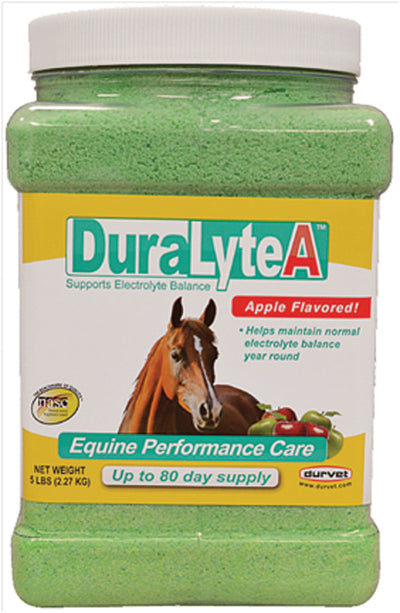 Front view of a green jar of Durvet Duralyte A Apple Flavored electrolyte supplement, 5 lbs.