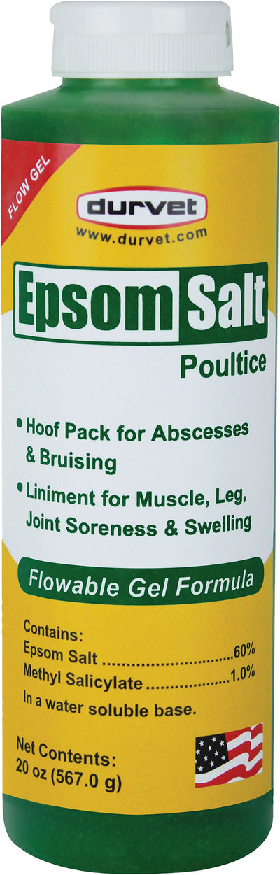 Front view of Durvet Epsom Salt Poultice Flow Gel 20 oz bottle with green and yellow label.