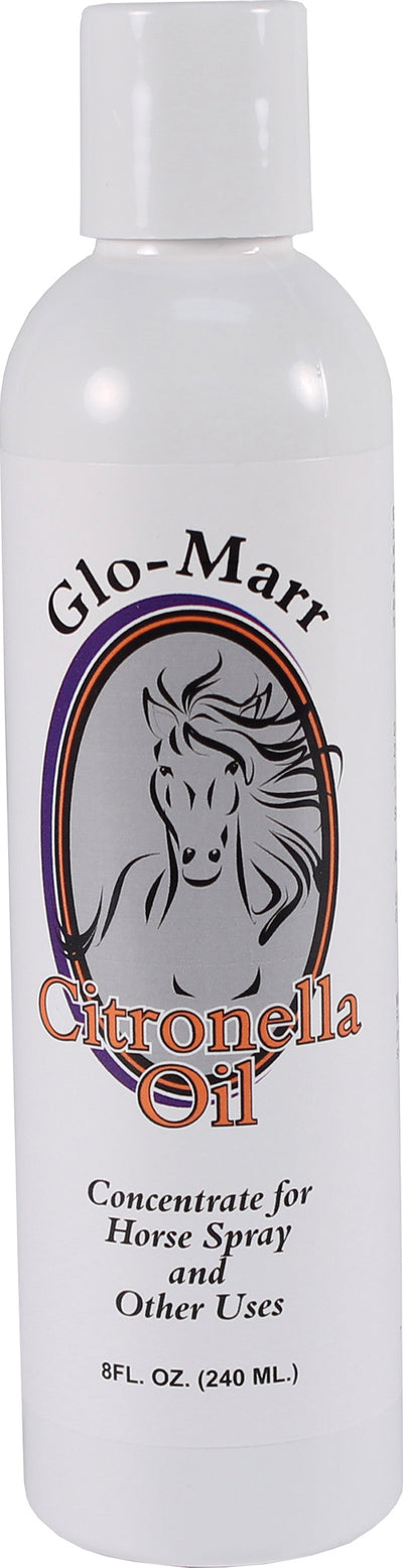 Front view of a white packaged product labeled Glo-Marr Citronella Oil Concentrate, 8 fl oz.