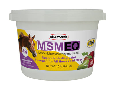 Front view of Durvet MSM EQ apple-flavored joint support for horses and dogs, 1.0 lb container.