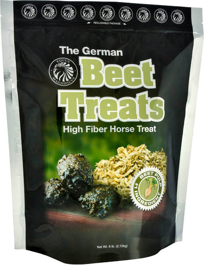 Packaged product: black bag of The German Beet Treats horse treats with green text and beet pulp ingredient seal.
