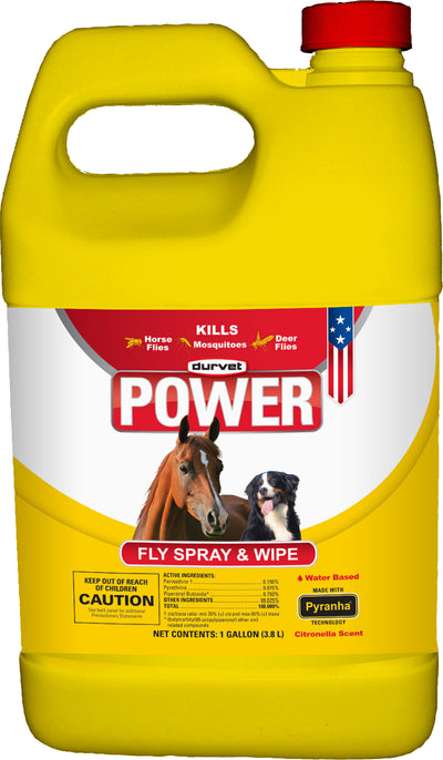 Yellow packaged product with red cap, labeled Durvet Power Fly Spray & Wipe, 1 gallon, front view.