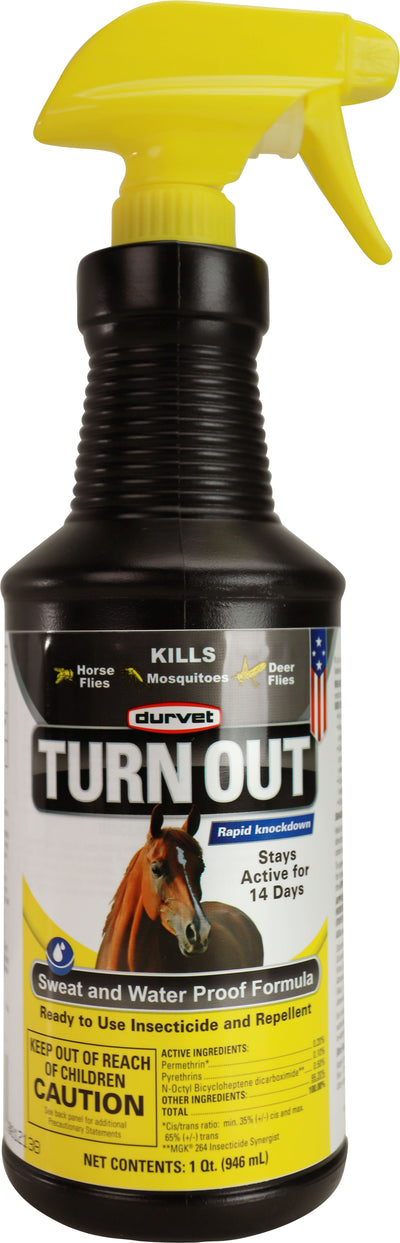 Durvet Turn Out spray bottle with yellow nozzle, black body, and label showing horse image and product details