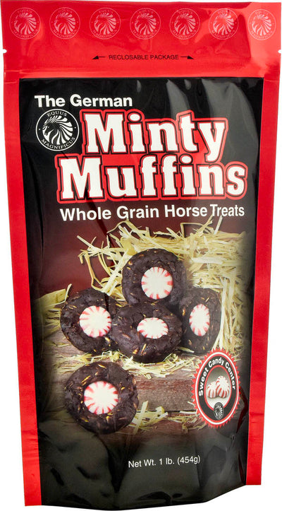 Packaged product: red and black bag of The German Minty Muffins horse treats with minty candy centers.
