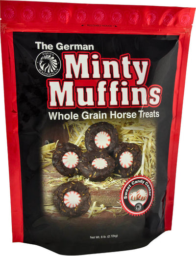 Packaged product: red and black bag of The German Minty Muffins horse treats with minty candy centers.