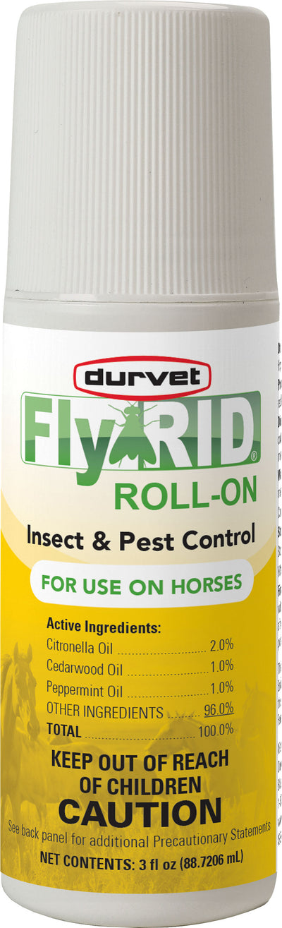 Front view of a Durvet Flyrid Roll-On insect and pest control bottle for horses, 3 fl oz, yellow and white label.