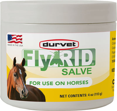 Front view of a Durvet Flyrid Salve container for horses, 4 oz, showing a horse image and label details.