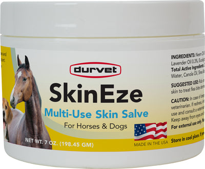 Front view of a Durvet Skineze Multi-Use Skin Salve container for horses and dogs, 7 oz.