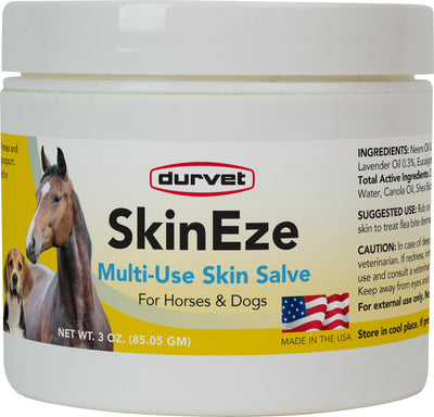 Front view of a white Durvet Skineze Multi-Use Skin Salve jar for horses and dogs, 3 oz.