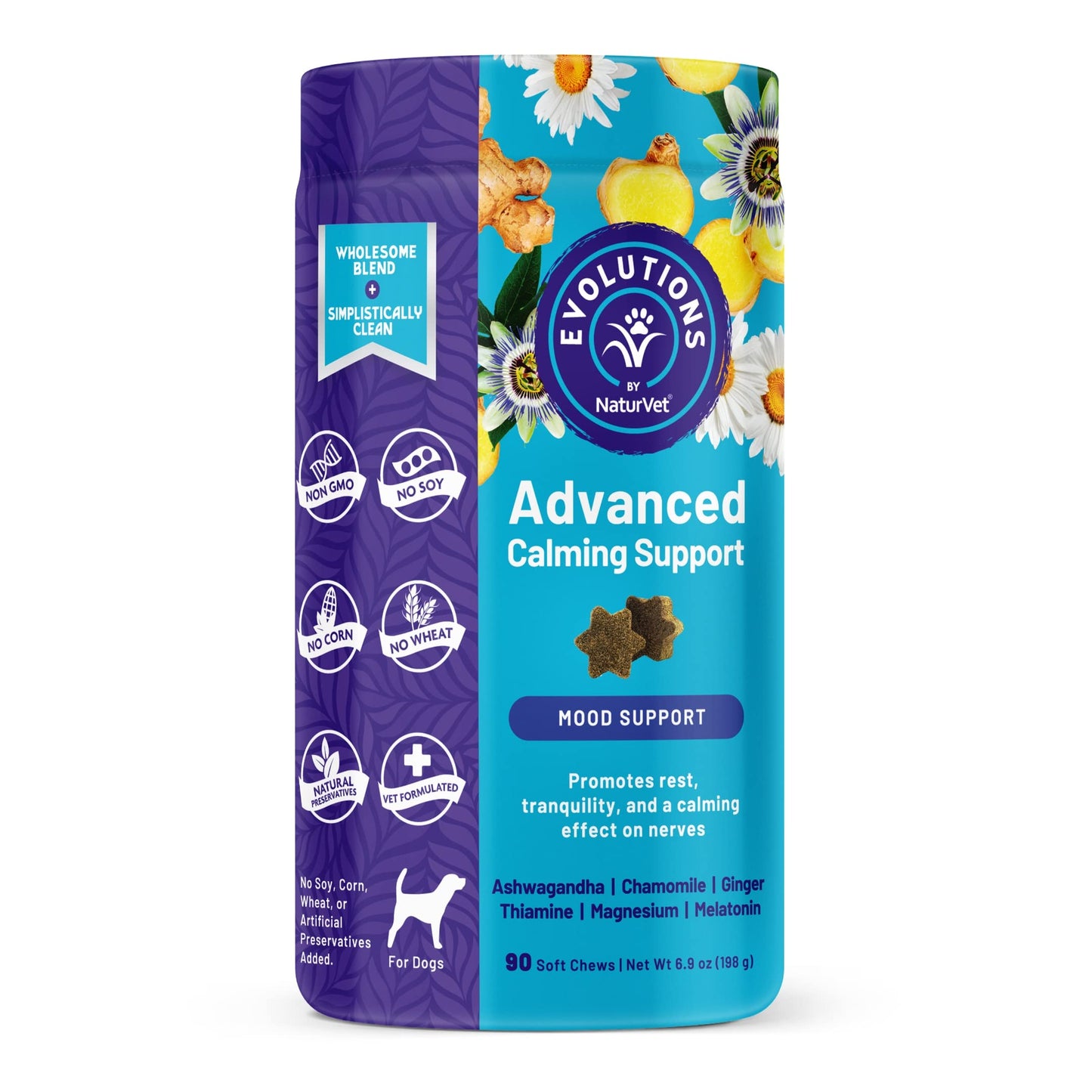 Evolutions by NaturVet Advanced Calming Support 90ct Soft Chews for Dogs - Ashwagandha, Chamomile, Ginger, Thiamine, Magnesium, Melatonin - Helps Promote Rest, Tranquility, Calming Effect on Nerves