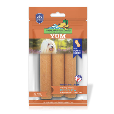 Himalayan Dog Chew Yak Cheese Dog Chews, Lactose Free & Grain Free, USA Made, For All Dog Breeds, Medium Density Cheese Chew, Resealable Pouch with 3 YUM Treats, Peanut Butter Flavor